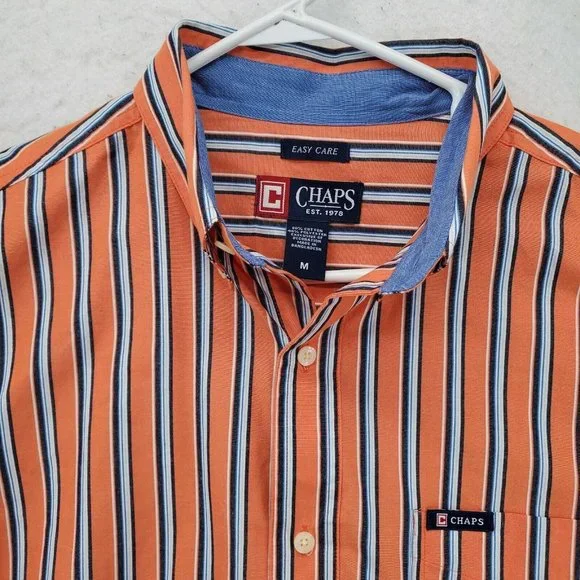 Chaps Shirt Men's Long Sleeve Casual Button Up Striped Oxford Orange Blue Med. - Picture 8 of 12